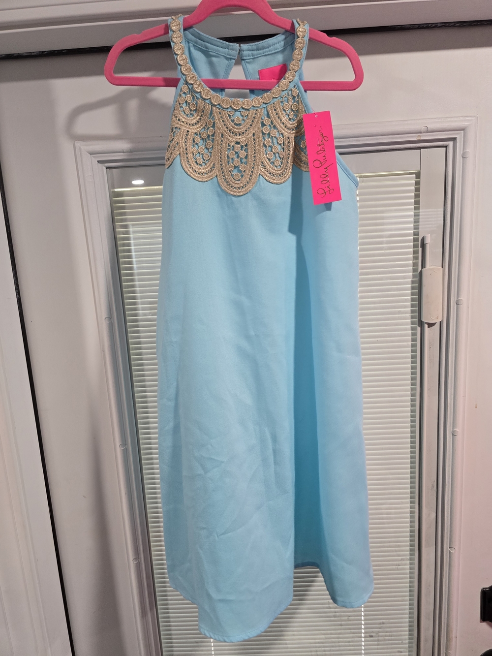 Lilly Pulitzer Light Blue Halter Dress with Gold Lace Yoke